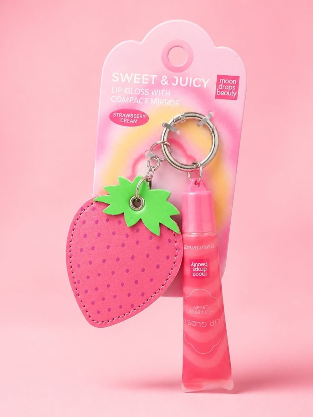 Moon Drops Beauty Strawberry Keychain with Lip Gloss & Compact Mirror New